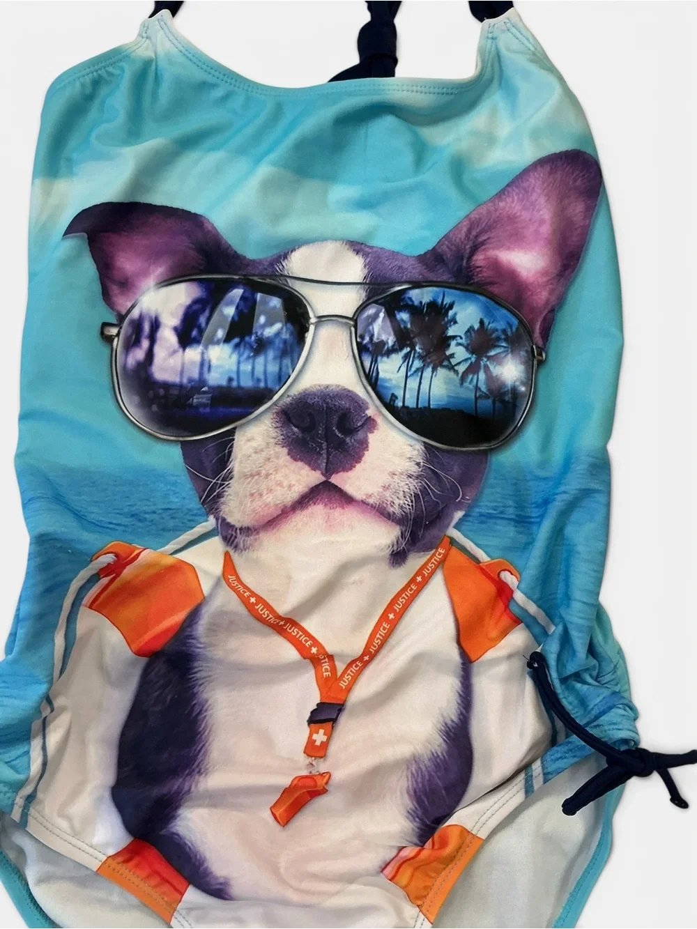 Justice Store Girls Turquoise Dog Graphic One-Piece Swimsuit with Navy Straps